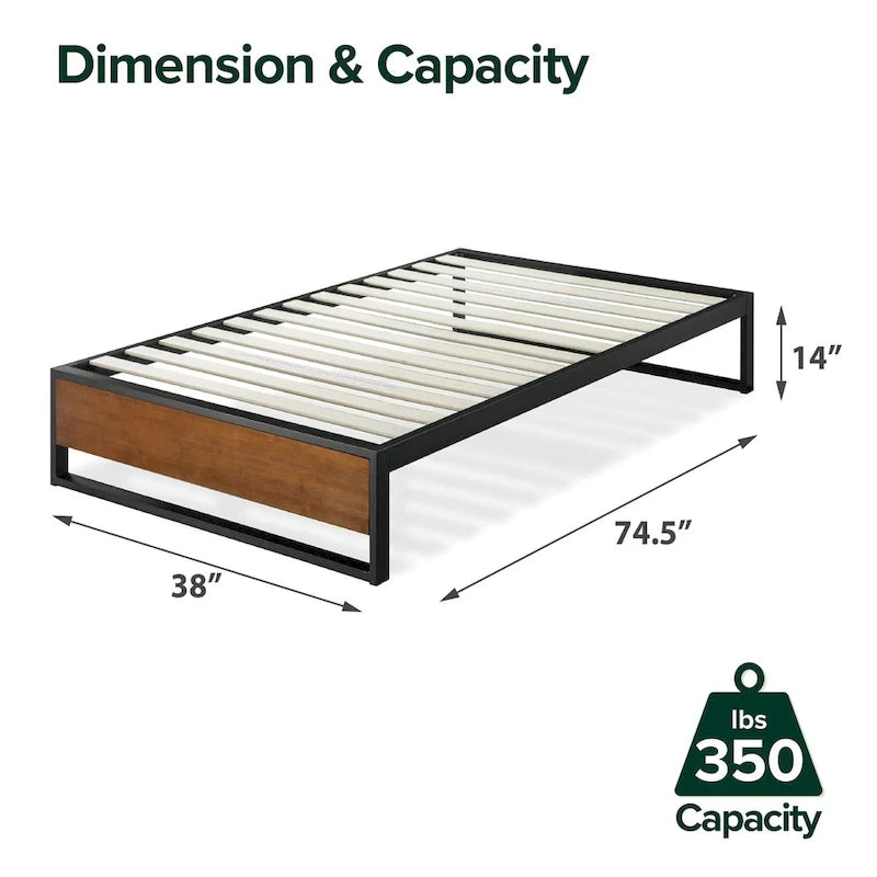 Base de cama de plataforma de acero negro y bambú, 35,5 cm de altura – Individual/Matrimonial/Queen/King, para 1-2 personas