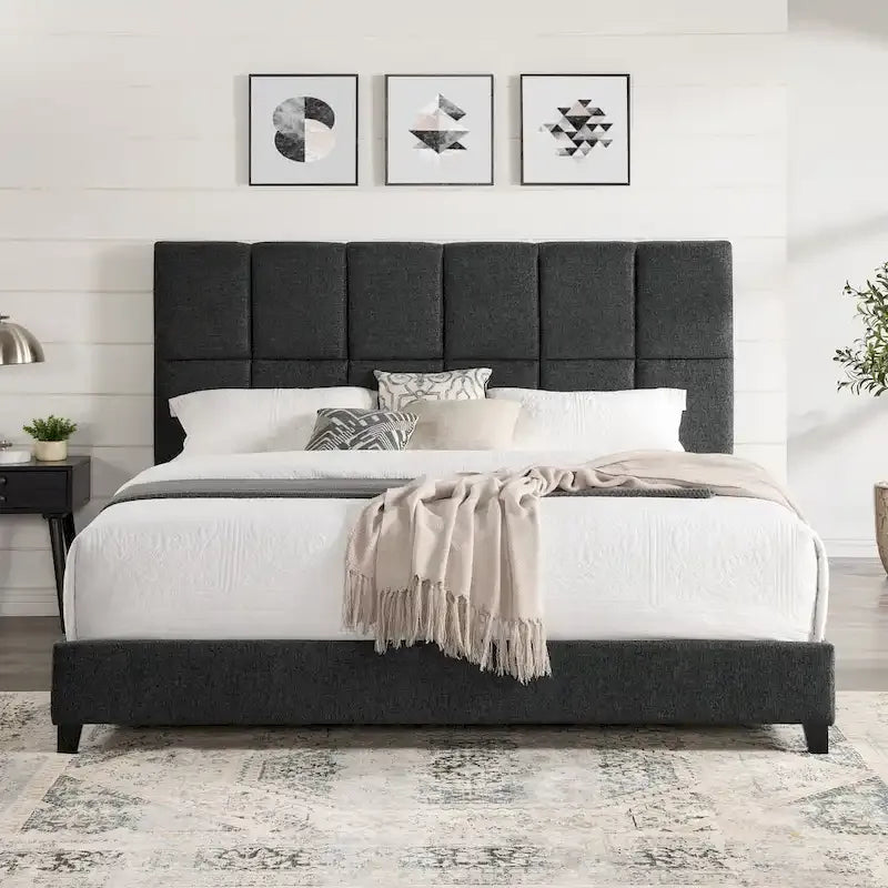 Cama Plataforma Tapizada con Cabecero Cuadrado Gris Oscuro – Queen / King