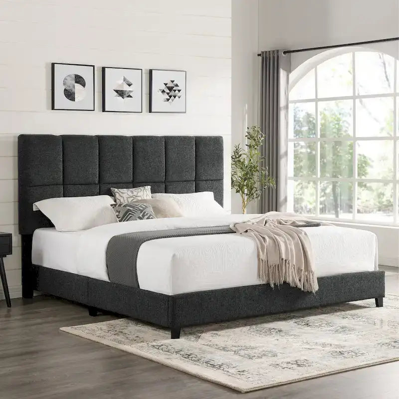 Cama Plataforma Tapizada con Cabecero Cuadrado Gris Oscuro – Queen / King