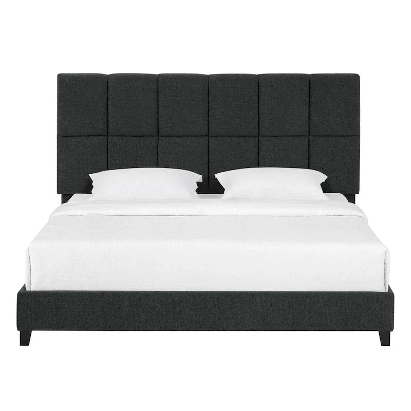 Cama Plataforma Tapizada con Cabecero Cuadrado Gris Oscuro – Queen / King