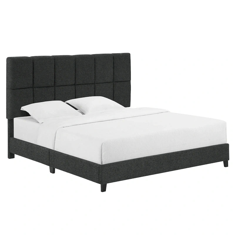 Cama Plataforma Tapizada con Cabecero Cuadrado Gris Oscuro – Queen / King