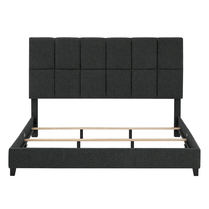 Cama Plataforma Tapizada con Cabecero Cuadrado Gris Oscuro – Queen / King