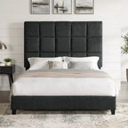 Cama Plataforma Tapizada con Cabecero Cuadrado Gris Oscuro – Queen / King
