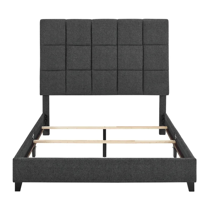 Cama Plataforma Tapizada con Cabecero Cuadrado Gris Oscuro – Queen / King