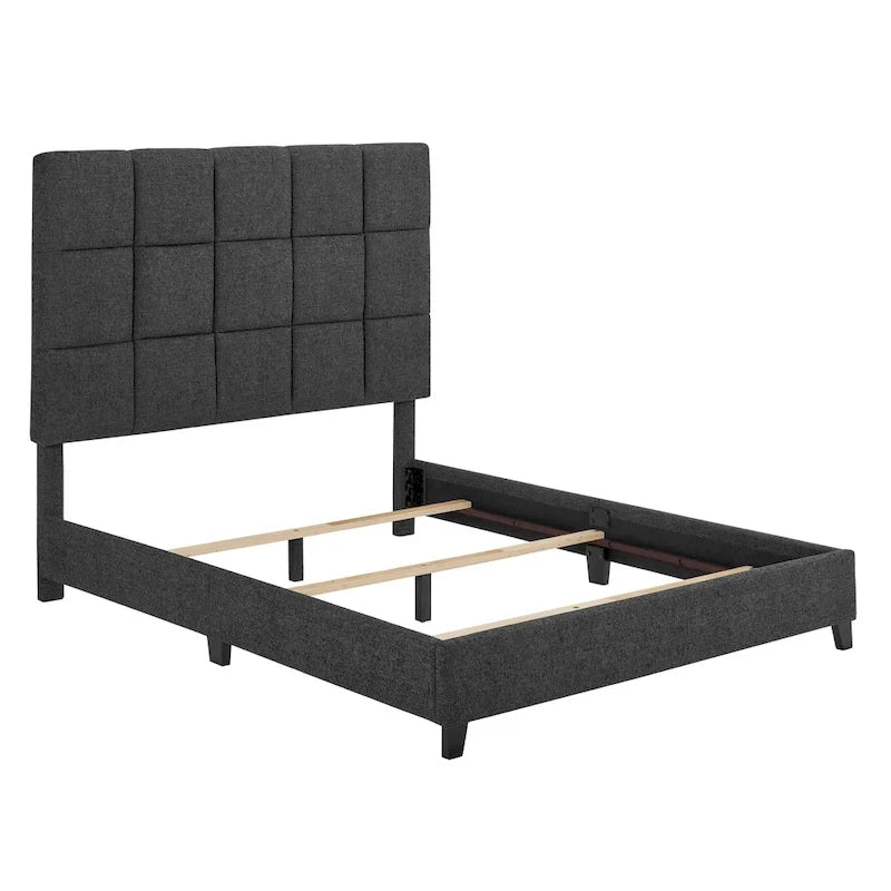 Cama Plataforma Tapizada con Cabecero Cuadrado Gris Oscuro – Queen / King