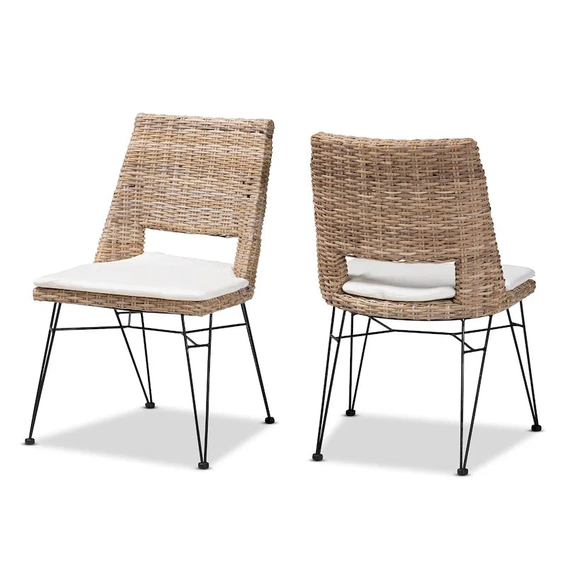 Sillas de comedor bohemias de ratán en gris deslavado, blanco y negro, juego de 2