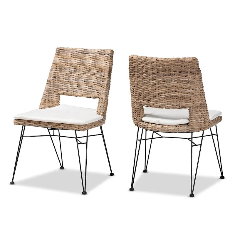 Sillas de comedor bohemias de ratán en gris deslavado, blanco y negro, juego de 2