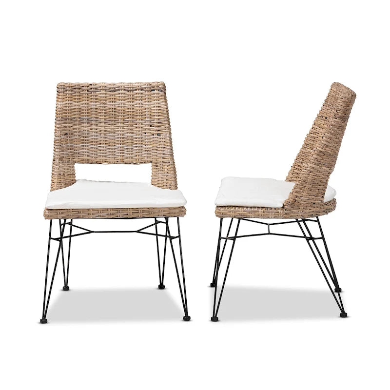 Sillas de comedor bohemias de ratán en gris deslavado, blanco y negro, juego de 2