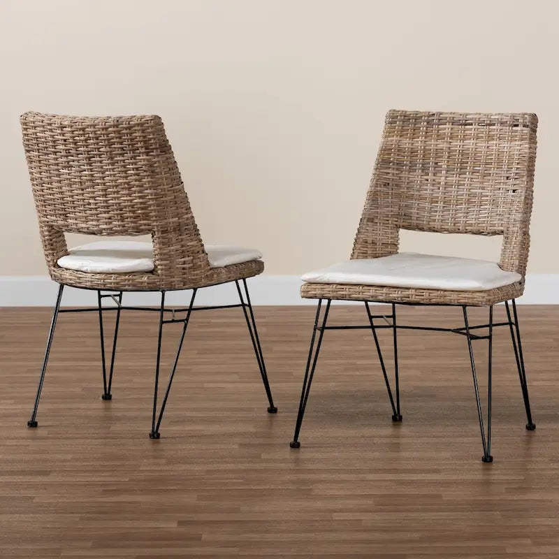 Sillas de comedor bohemias de ratán en gris deslavado, blanco y negro, juego de 2