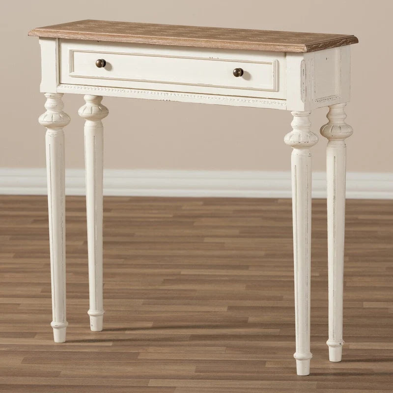 Mesa consola blanca y madera natural, estilo provenzal, montaje para 1 persona