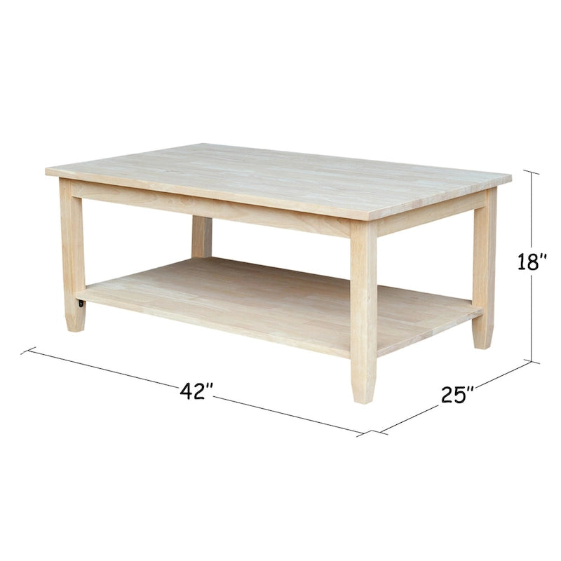 Mesa de centro de madera natural sin acabar con estante inferior, 1 pieza