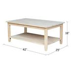 Mesa de centro de madera natural sin acabar con estante inferior, 1 pieza
