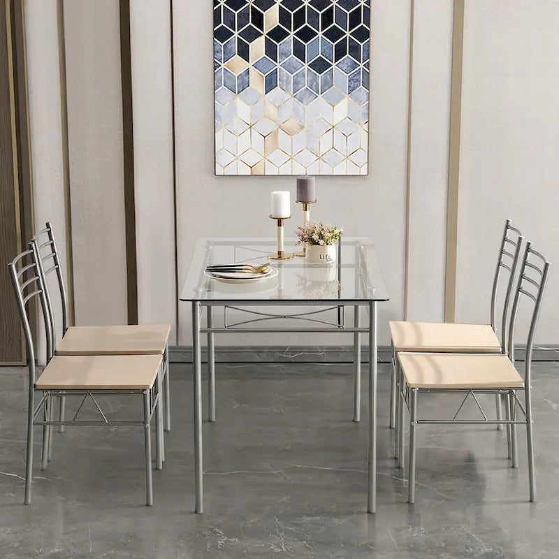 Juego de comedor de 5 piezas negro/plateado, mesa de cristal templado y 4 sillas de PU, capacidad para 4 personas