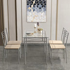 Juego de comedor de 5 piezas negro/plateado, mesa de cristal templado y 4 sillas de PU, capacidad para 4 personas