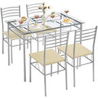 Juego de comedor de 5 piezas negro/plateado, mesa de cristal templado y 4 sillas de PU, capacidad para 4 personas