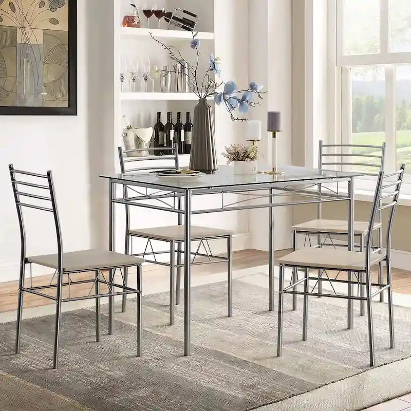 Juego de comedor de 5 piezas negro/plateado, mesa de cristal templado y 4 sillas de PU, capacidad para 4 personas