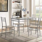 Juego de comedor de 5 piezas negro/plateado, mesa de cristal templado y 4 sillas de PU, capacidad para 4 personas