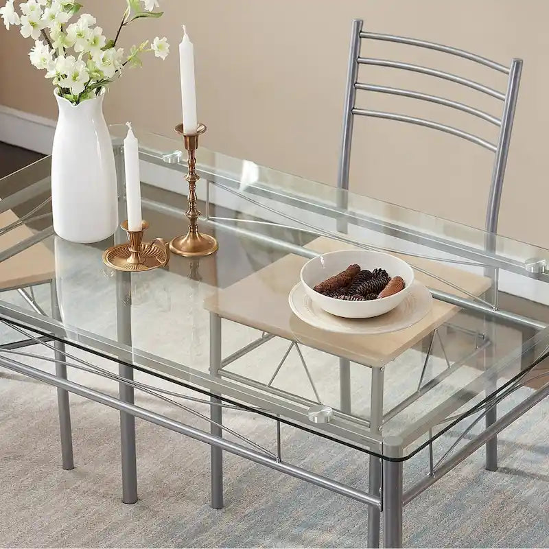 Juego de comedor de 5 piezas negro/plateado, mesa de cristal templado y 4 sillas de PU, capacidad para 4 personas