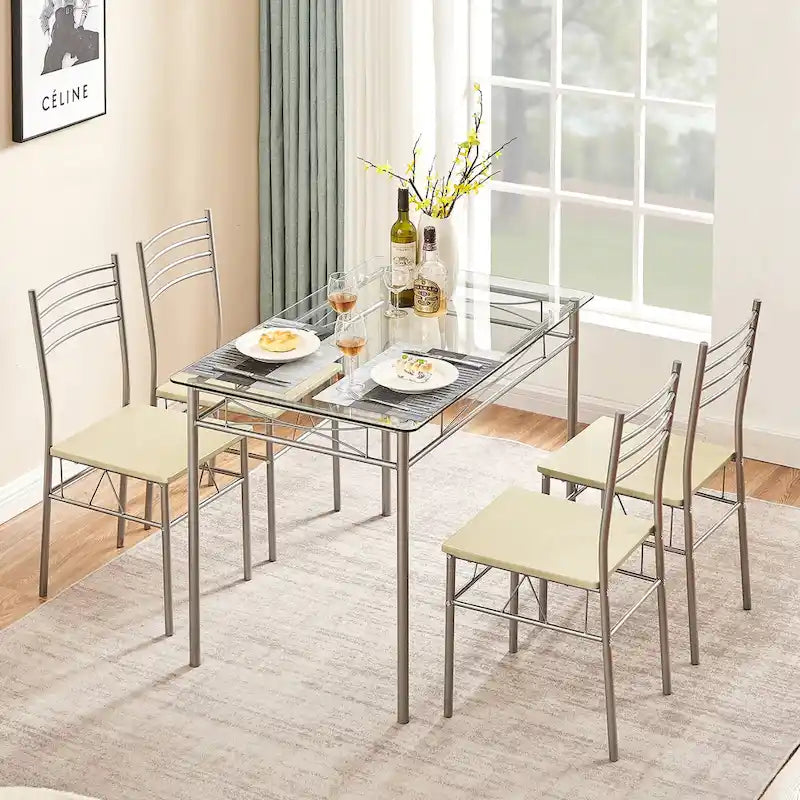 Juego de comedor de 5 piezas negro/plateado, mesa de cristal templado y 4 sillas de PU, capacidad para 4 personas