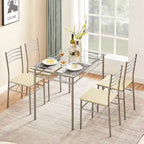 Juego de comedor de 5 piezas negro/plateado, mesa de cristal templado y 4 sillas de PU, capacidad para 4 personas