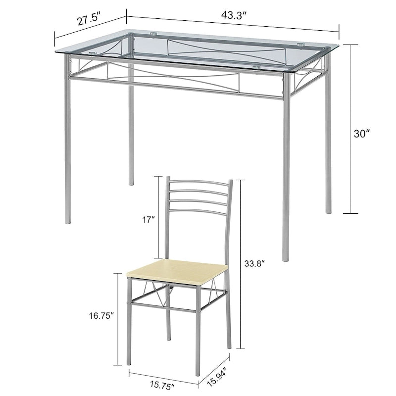 Juego de comedor de 5 piezas negro/plateado, mesa de cristal templado y 4 sillas de PU, capacidad para 4 personas
