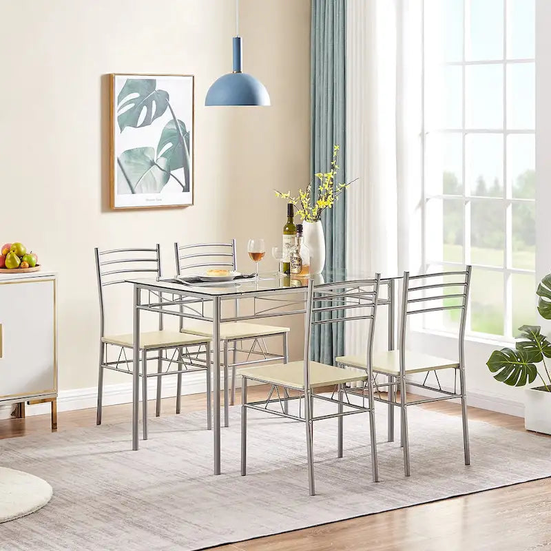 Juego de comedor de 5 piezas negro/plateado, mesa de cristal templado y 4 sillas de PU, capacidad para 4 personas