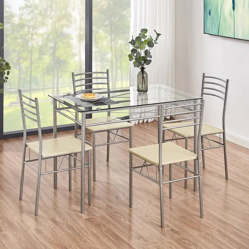 Juego de comedor de 5 piezas negro/plateado, mesa de cristal templado y 4 sillas de PU, capacidad para 4 personas