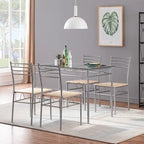 Juego de comedor de 5 piezas negro/plateado, mesa de cristal templado y 4 sillas de PU, capacidad para 4 personas