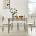Juego de comedor de 5 piezas negro/plateado, mesa de cristal templado y 4 sillas de PU, capacidad para 4 personas