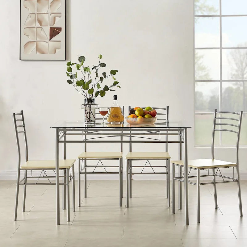 Juego de comedor de 5 piezas negro/plateado, mesa de cristal templado y 4 sillas de PU, capacidad para 4 personas