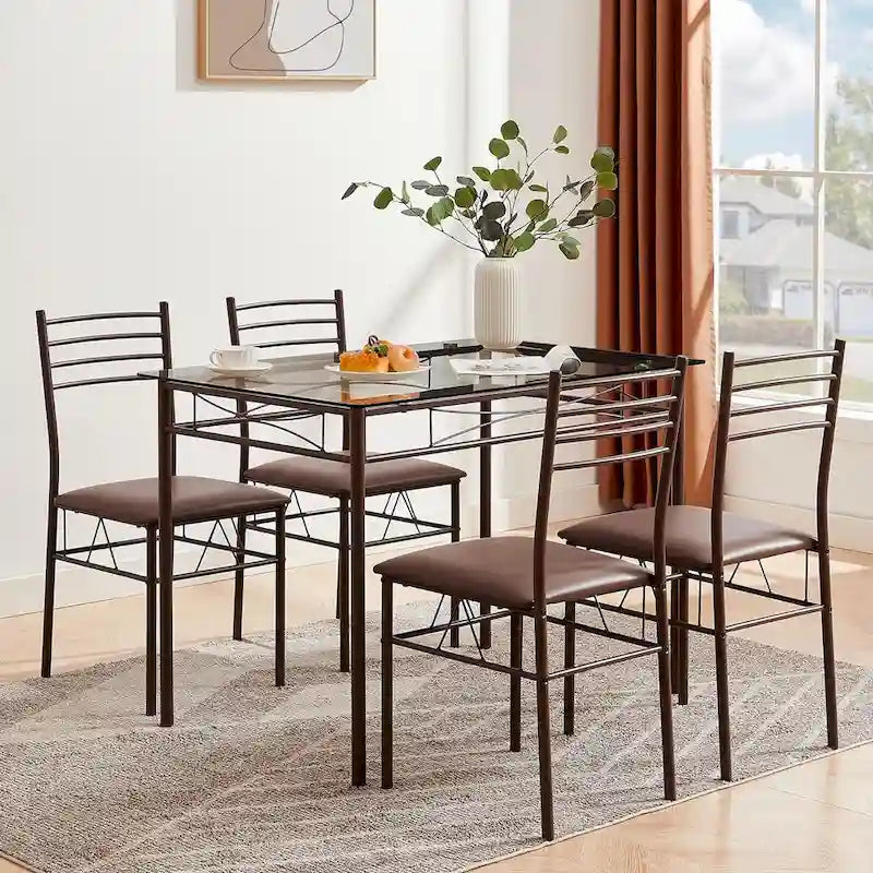 Juego de comedor de 5 piezas negro/plateado, mesa de cristal templado y 4 sillas de PU, capacidad para 4 personas