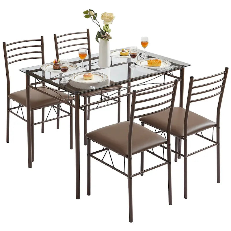 Juego de comedor de 5 piezas negro/plateado, mesa de cristal templado y 4 sillas de PU, capacidad para 4 personas