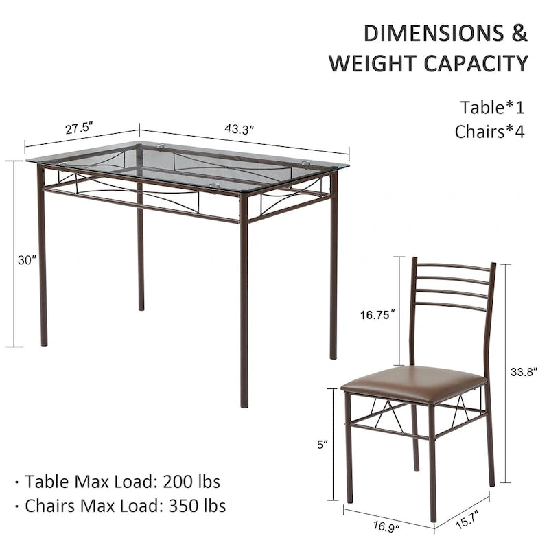 Juego de comedor de 5 piezas negro/plateado, mesa de cristal templado y 4 sillas de PU, capacidad para 4 personas