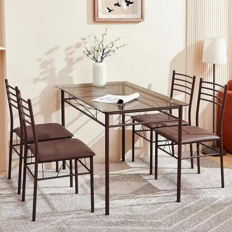 Juego de comedor de 5 piezas negro/plateado, mesa de cristal templado y 4 sillas de PU, capacidad para 4 personas