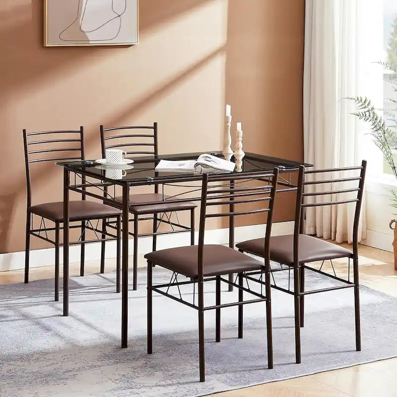 Juego de comedor de 5 piezas negro/plateado, mesa de cristal templado y 4 sillas de PU, capacidad para 4 personas