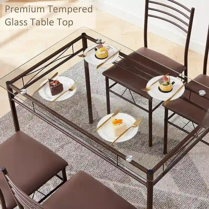 Juego de comedor de 5 piezas negro/plateado, mesa de cristal templado y 4 sillas de PU, capacidad para 4 personas