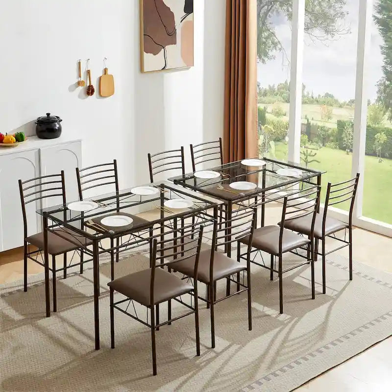 Juego de comedor de 5 piezas negro/plateado, mesa de cristal templado y 4 sillas de PU, capacidad para 4 personas