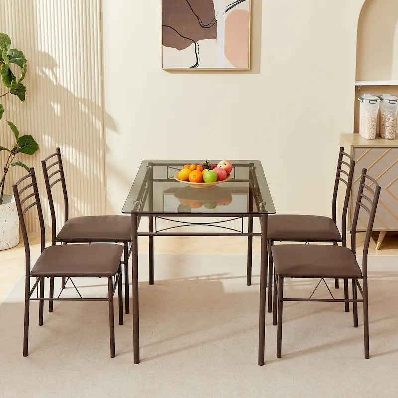 Juego de comedor de 5 piezas negro/plateado, mesa de cristal templado y 4 sillas de PU, capacidad para 4 personas