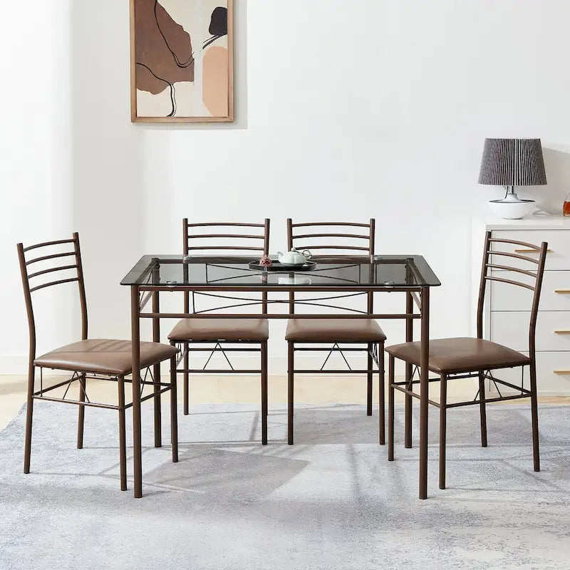 Juego de comedor de 5 piezas negro/plateado, mesa de cristal templado y 4 sillas de PU, capacidad para 4 personas
