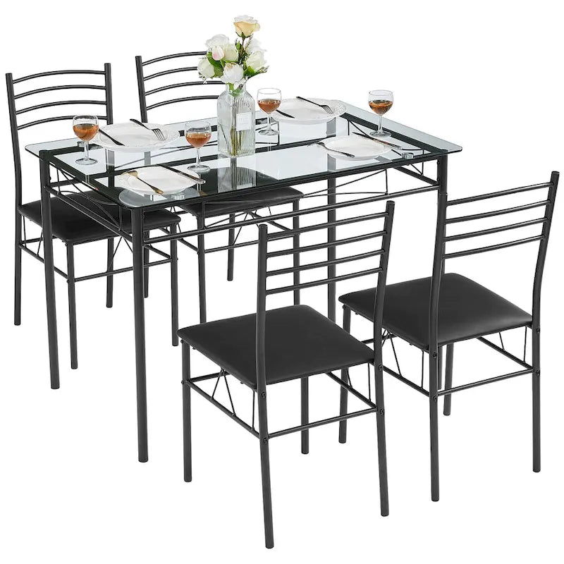 Juego de comedor de 5 piezas negro/plateado, mesa de cristal templado y 4 sillas de PU, capacidad para 4 personas