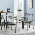 Juego de comedor de 5 piezas negro/plateado, mesa de cristal templado y 4 sillas de PU, capacidad para 4 personas