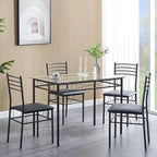 Juego de comedor de 5 piezas negro/plateado, mesa de cristal templado y 4 sillas de PU, capacidad para 4 personas