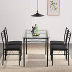 Juego de comedor de 5 piezas negro/plateado, mesa de cristal templado y 4 sillas de PU, capacidad para 4 personas