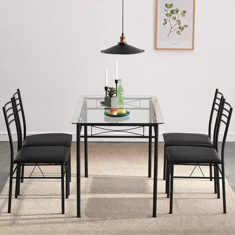 Juego de comedor de 5 piezas negro/plateado, mesa de cristal templado y 4 sillas de PU, capacidad para 4 personas