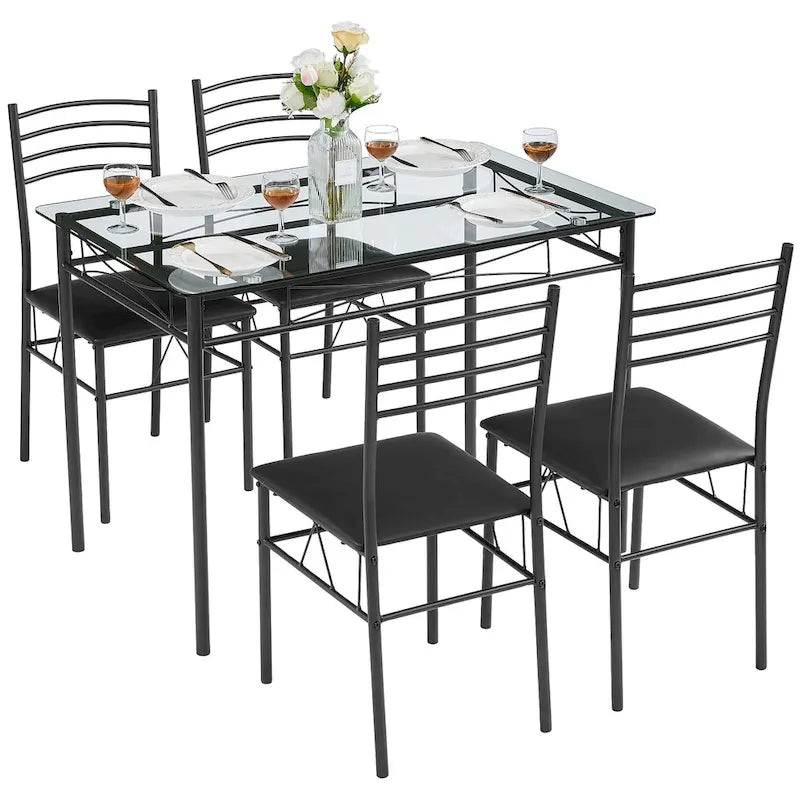 Juego de comedor de 5 piezas negro/plateado, mesa de cristal templado y 4 sillas de PU, capacidad para 4 personas