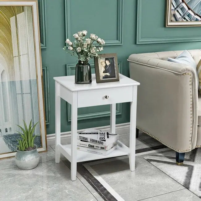 Mesita de Noche de 2 Niveles con Cajón, Blanca / Gris / Marrón — Individual