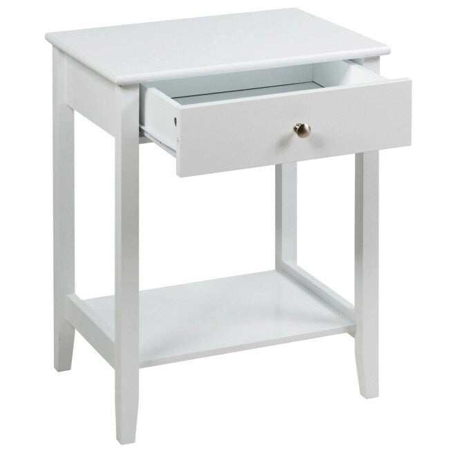 Mesita de Noche de 2 Niveles con Cajón, Blanca / Gris / Marrón — Individual