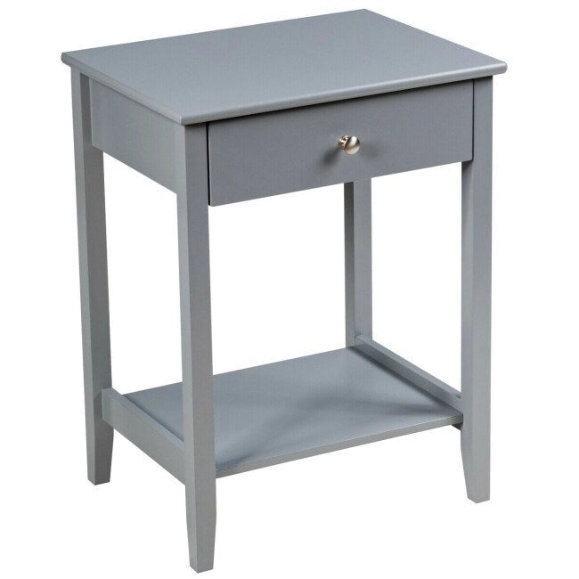 Mesita de Noche de 2 Niveles con Cajón, Blanca / Gris / Marrón — Individual