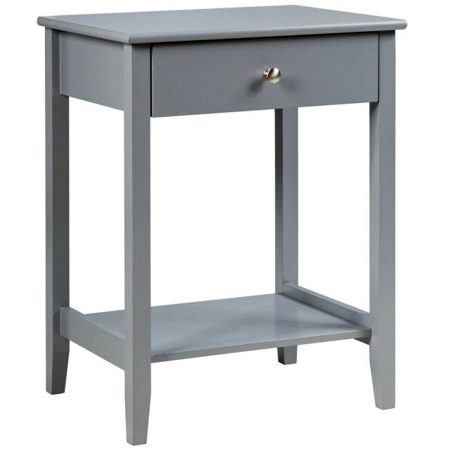 Mesita de Noche de 2 Niveles con Cajón, Blanca / Gris / Marrón — Individual