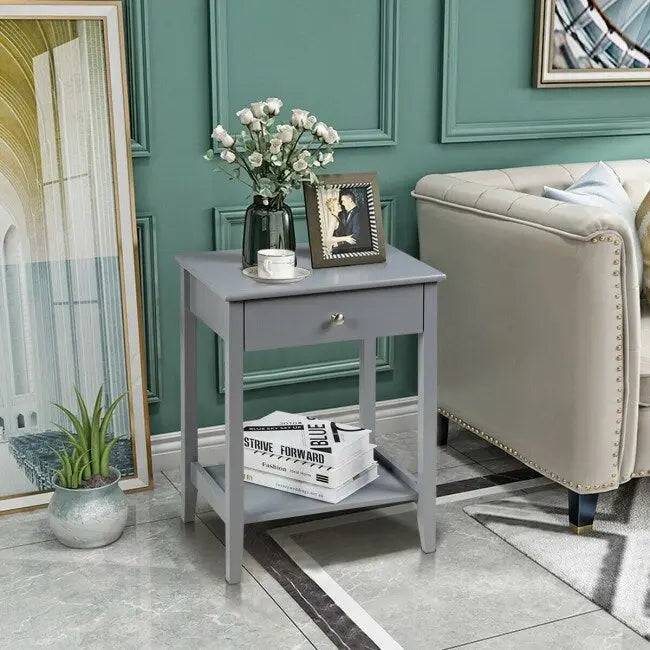 Mesita de Noche de 2 Niveles con Cajón, Blanca / Gris / Marrón — Individual